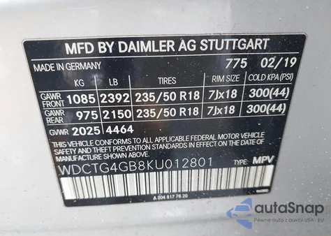 2019 Mercedes-Benz Gla 250 4Matic из США, поврежденный, VIN WDCTG4GB8KU012801